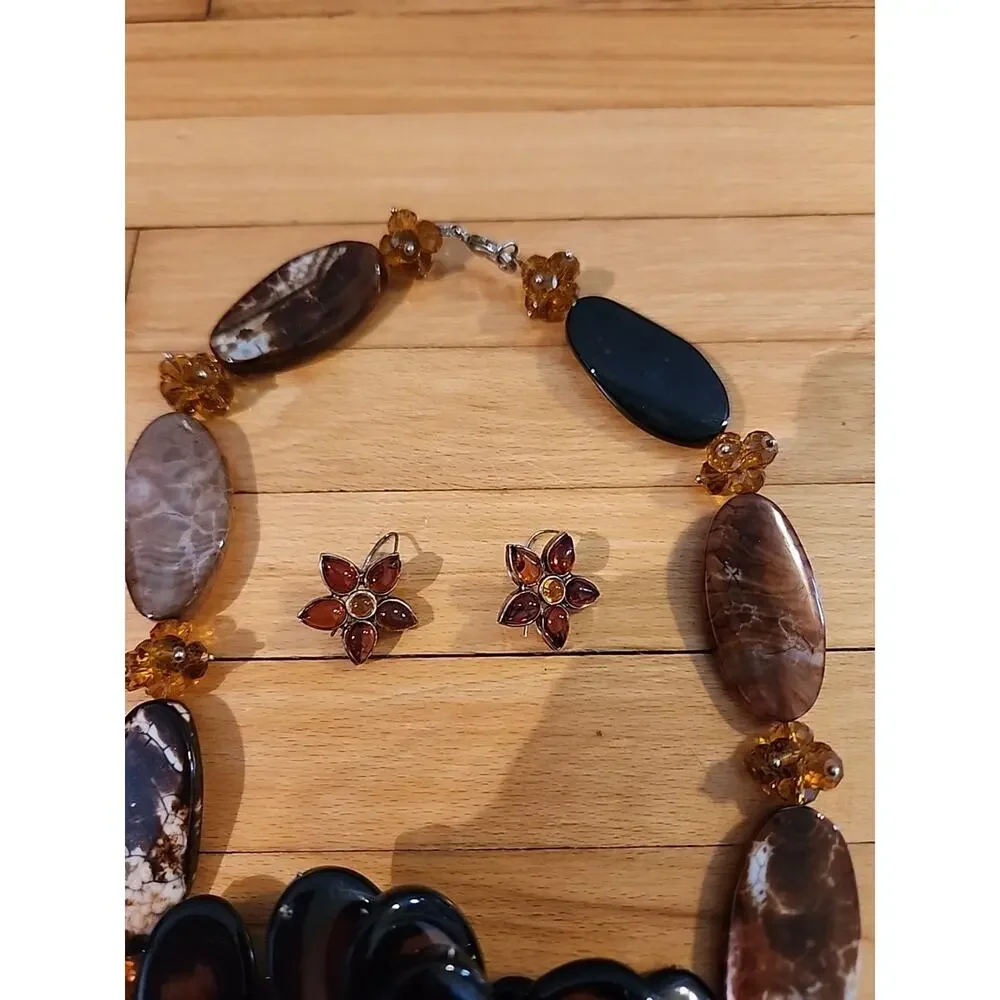 Brown Flower Beads Choker Chunky Statement Bib Collar Necklace Earrings READ